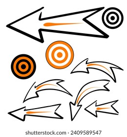 Flechas negras anaranjadas con el objetivo sobre el fondo blanco para gráficos y diagramas empresariales. Doodle vectorial plano