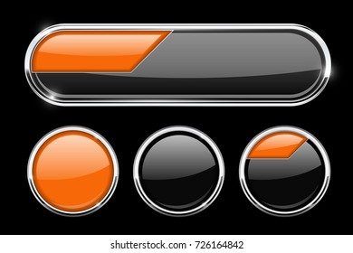 Black and orange buttons set. Vector 3d illustration on black background