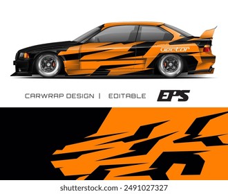 Black and orange car wrap with geometric patterns, suitable for vehicle customization, advertising graphics, and modern styling projects.