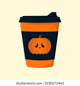 Una taza de café negro y naranja con un diseño de calabaza para un ambiente acogedor de Halloween. Una Ilustración vectorial simple de un vidrio para la decoración