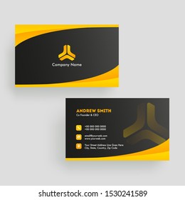 Black and orange color layout business card design in front and back view.