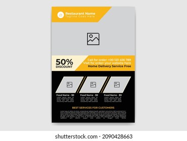 Black and Orange Color modern, creative, professional, eye catching and print ready Restaurant Food Flyer Template Design 13 with circle, rectangle and triangle layout vector