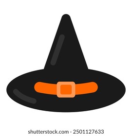 Black and orange color witch hat editable icon for Halloween holiday graphic resources. Hag, warlock, wizard, sorcerer flat symbol. EPS editable vector.