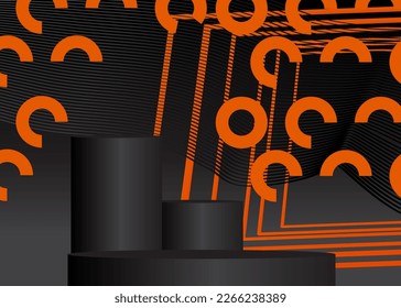 Black and Orange colored product display. Abstract vector 3D Mockup, pedestal podium. Stage showcase for presentation. Futuristic Sci-fi minimal geometric forms, empty scene.