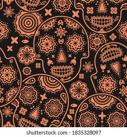 Black and orange cutout sugar skull pattern. Vector seamless pattern design for textile, fashion, paper, packaging and branding. 