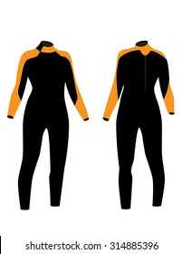 Black and orange diving suit  vector isolated, diving equipment, diving sport, front and back