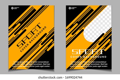Die Farben der schwarzen und orangefarbenen dynamischen Formen decken einen 4-Vorlagenhintergrund ab. Vektorillustration-Layout-Design mit Sportstil kann für Gymnastik-Förderung, Poster-Turnier, Einladung-Cup-Veranstaltung, Banner-Meisterschaft.