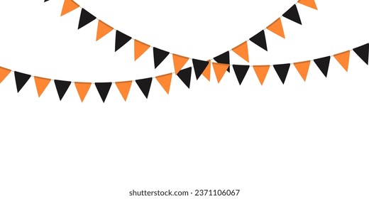 Black and orange flag garland. Triangle pennants chain. Party decoration. Celebration flags for decor. Vector illustration  