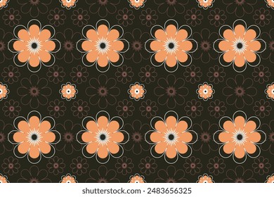 Ein schwarzes und orangefarbenes Blumenmuster. Das Muster besteht aus vielen kleinen Blumen für Hintergrund, Stoff, Textil, Mode, Bildschirmhintergrund, Hochzeit, Banner, Aufkleber, Dekoration etc.