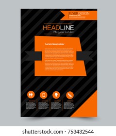 Black and orange flyer template. Abstract brochure design. Annual report cover background. For business, education, advertisement. Editable vector illustration.