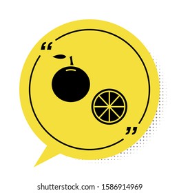 Black Orange fruit icon isolated on white background. Yellow speech bubble symbol. Vector Illustration