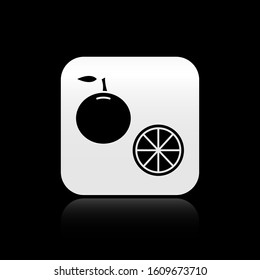 Black Orange fruit icon isolated on black background. Silver square button. Vector Illustration