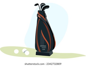 Black and orange golf bag full of clubs, golf sticks, golfer sport equipment vector Illustration