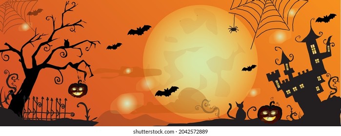 
Black and orange graphics with pumpkins, old trees and a castle that are associated with the hallowen ghost festival