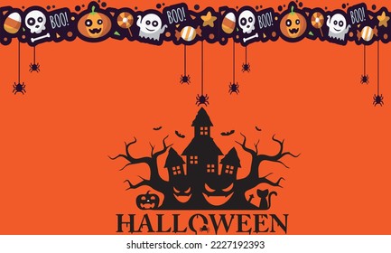 Black and orange graphics with pumpkins, old trees and a castle that are associated with the hallowen ghost festival
