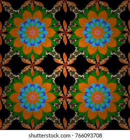 Black, orange and green colors. Watercolor painting imitation Vector illustration. Summer blooming theme. Vintage flowers. Hand drawn abstract fancy elements.