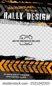 Black and orange grungy background with abstract tire tracks and arrows for your rally design, copy space and place for your photo - vector illustration