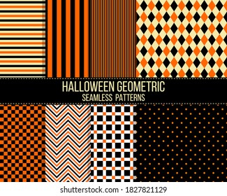 black and orange halloween geometric vector seamless patterns set