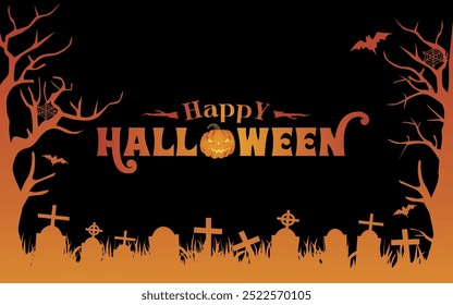 Black Orange Happy Halloween Text Banner with Pumpkin, Tombstone and Spooky Background. Perfect for Trick or Treat Celebrations, Halloween Parties, and October 31st Festivities. Vector Illustration