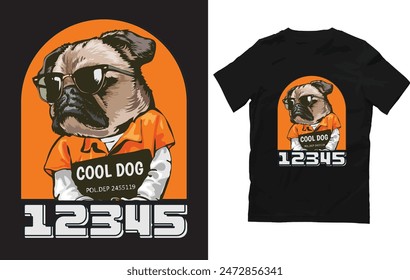 Black Orange Illustrated Cool Dog T-Shirt