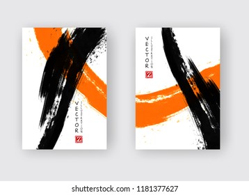 Black and orange ink brush stroke on white background. Japanese style. Vector illustration of grunge stains