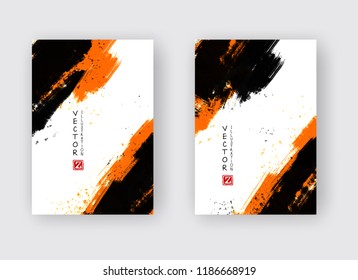 Black and orange ink brush stroke on white background. Japanese style. Vector illustration of grunge stains