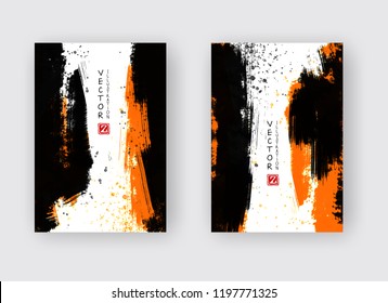 Black and orange ink brush stroke on white background. Japanese style. Vector illustration of grunge stains
