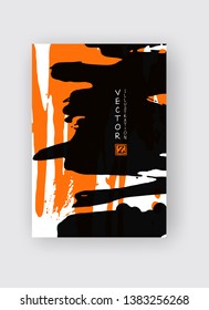 Black and orange ink brush stroke on white background. Japanese style. Vector illustration of grunge stains