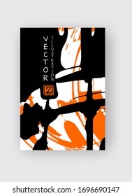 Schwarz-orangefarbene Pinselstriche auf weißem Hintergrund. Japanischer Stil. Vektorillustration von Grunge-Flecken