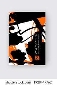Black and orange ink brush stroke on white background. Japanese style. Vector illustration of grunge stains
