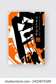 Black and orange ink brush stroke on white background. Japanese style. Vector illustration of grunge stains