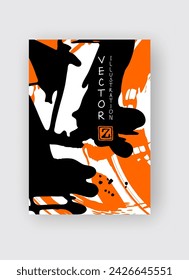 Trazo de pincel de tinta negra y naranja sobre fondo blanco. Estilo japonés. Ilustración vectorial de manchas de grunge