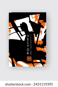 Black and orange ink brush stroke on white background. Japanese style. Vector illustration of grunge stains