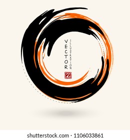 Black and orange ink round stroke on white background. Japanese style. Vector illustration of grunge circle stains