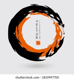 Toco redondo de tinta negra y naranja sobre fondo blanco. Estilo japonés. Ilustración vectorial de las manchas de círculo de grunge