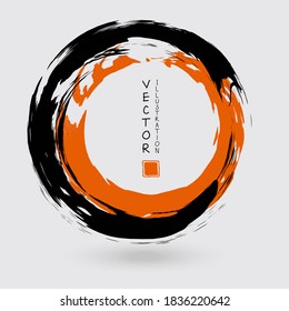 Runder schwarz-orangefarbener rosafarbener Hub auf weißem Hintergrund. Japanischer Stil. Vektorgrafik von Grunge-Kreisflecken