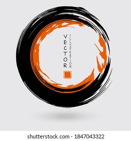 Black and orange ink round stroke on white background. Japanese style. Vector illustration of grunge circle stains