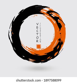 Black and orange ink round stroke on white background. Japanese style. Vector illustration of grunge circle stains
