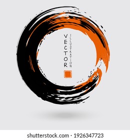 Black and orange ink round stroke on white background. Japanese style. Vector illustration of grunge circle stains