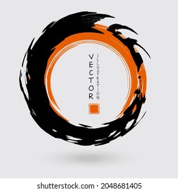 Black and orange ink round stroke on white background. Japanese style. Vector illustration of grunge circle stains