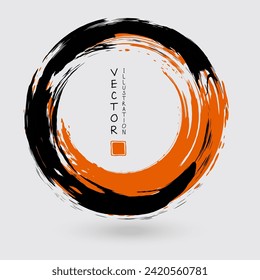 Black and orange ink round stroke on white background. Japanese style. Vector illustration of grunge circle stains