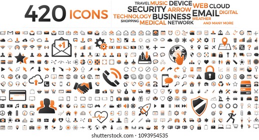 Black and orange internet web icons set on white background