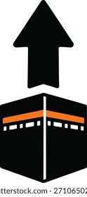 Ícone de Kaaba preto e laranja com uma seta para cima em negrito, simbolizando a direção qibla precisa para a oração muçulmana.