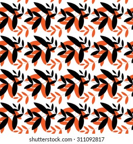  	
Black and orange leaves on a white background. Vegetable ornament. Seamless pattern.