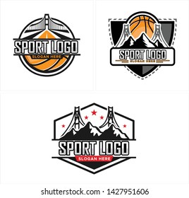 Black orange line art emblem logo design silhouette mountain and bridge suitable for sport team club basketball