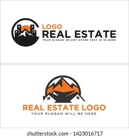 Black orange line art logo design badge mountain combined building and home suitable for real estate mortgage agency