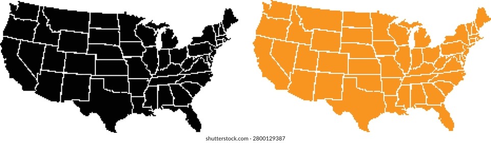 Black and orange map of the united states of america with state borders