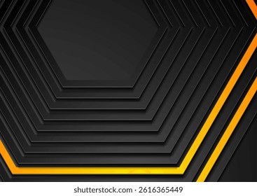 Black and orange minimal 3d hexagons technology abstract background. Concept geometric vector design