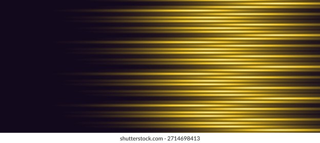 Fondo abstracto moderno negro y naranja con franjas de luz brillantes amarillas. Movimiento y efecto de luz de alta velocidad con flujo en movimiento. Ilustración vectorial