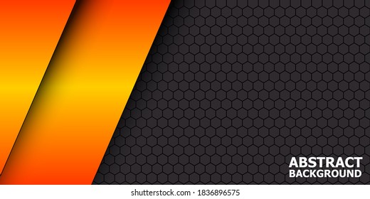 Encabezado vectorial de material moderno negro y naranja con malla hexagonal. Diseñar banner con cuadrícula poligonal y espacio en blanco para su logotipo. Diseño de sitio web abstracto, ilustración vectorial 